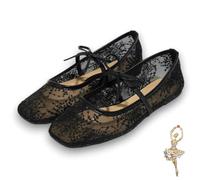 Women's Embroidery Lace Mesh Ballet Flats, Ballet Flats for Women with Strap, Pink Elegant Comfortable Party(Nero,EU35)