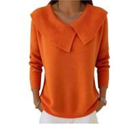 Womens Fashion Retro Solid Color Collared Knit Sweater, Women's Knitted Collared Sweaters, Casual Winter Pullover Tops Sweaters Casual Soft Jumper Top (Orange,L)