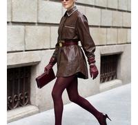 Women's Faux Leather Shacket Oversized Button Down Shirt Jacket Burgundy PU Leather Blouse Top with Contrast Piping Chic Contrast Piping Design: Features distinctive white contrast piping trim along t