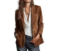 Womens Faux Suede Blazer Notched Lapel Single Breasted Long Sleeve | Patch Pockets Hip Length Visible Seams Tailored Shape Office Weekend Travel Styling Denim Trousers Skirts Everyday Layering