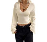 Womens Fitted Crop Top Deep V Neck Bell Sleeve Textured Shirt (Apricot,S)