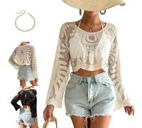 Women's Floral Embroidered Semi-Sheer Cover Up Long Sleeve Round Neck Boho Lace Top for Women Sheer Beach Coverup Mesh Design (Apricot)