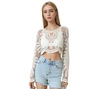Women's Floral Embroidered Semi-Sheer Cover Up, Long-Sleeved Round Neck Lace Sun Protection Duster Mesh Design Lace (Apricot)