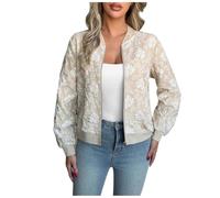 Womens Floral Jacquard Bomber Jacket Zip Up Relaxed Fit Outerwear (apricot,M)