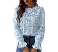 Women's Floral Lace Long Sleeve Blouse Spring Summer Casual Eyelet Cropped Top with Ruffle Cuffs Hollow out Round Neck Shirt for Daily Wear