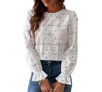 Women's Floral Lace Long Sleeve Blouse Spring Summer Casual Eyelet Cropped Top with Ruffle Cuffs Hollow out Round Neck Shirt for Daily Wear