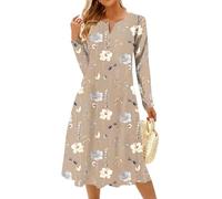 Women's Floral Print Long Sleeve Midi Dress V Neck Button Down Casual A-Line Spring Summer Swing Dress for Party Daily Wear Beige