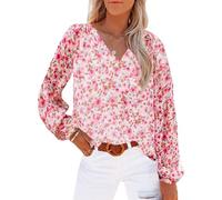 Women's Floral Print V Neck Blouse Long Lantern Sleeve Casual Spring Summer Tops Boho Chic Lightweight Shirt for Ladies Girls Daily