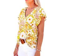 Women's Floral Print V Neck Short Sleeve Blouse Summer Casual Flowy Ruffle Tops Lightweight Chiffon Shirts for Vacation Beach Party