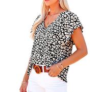 Women's Floral Print V Neck Short Sleeve Blouse Summer Casual Flowy Ruffle Tops Lightweight Chiffon Shirts for Vacation Beach Party