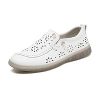 Women's Flower Shaped Cutout Leather Sneakers Arch Support Thick Sole Wedge Soft Elastic Comfortable Slip-On Loafers Casual Walking Shoes (White,37)