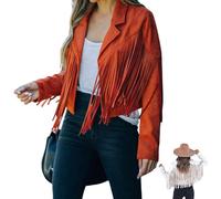 Women's Fringe Faux Suede Leather Jackets Trendy Casual Western Cropped Jacket 2025 Tassel Motorcycle Coats (Red,S)
