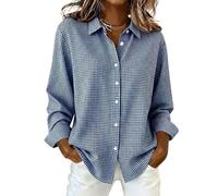 Womens Gingham Button Down Shirt Long Sleeve Collared Casual Blouse (Blue,XL)