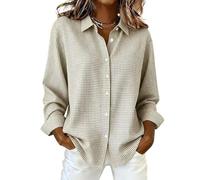 Womens Gingham Button Down Shirt Long Sleeve Collared Casual Blouse (Khaki,XXL)