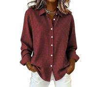 Womens Gingham Button Down Shirt Long Sleeve Collared Casual Blouse (Red,M)