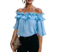 Womens Going out Tops off Shoulder Ruffle Short Sleeve Solid Color Blouse (Blue,M)