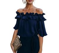 Womens Going out Tops off Shoulder Ruffle Short Sleeve Solid Color Blouse (Dark Blue,L)