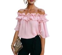 Womens Going out Tops off Shoulder Ruffle Short Sleeve Solid Color Blouse (Pink,S)