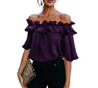 Womens Going out Tops off Shoulder Ruffle Short Sleeve Solid Color Blouse (Purple,S)