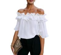 Womens Going out Tops off Shoulder Ruffle Short Sleeve Solid Color Blouse (White,M)