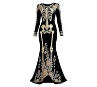 Women's Gothic Halloween Dress Skeleton Velvet Floral Print Stretch Costume | Soft Stretch Fabric, Floral Bone Design, Comfortable Fit For Halloween Parties, Costume Events And Gothic-Themed Gatherings