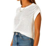 Women's Green Crochet Mesh Top Summer cap Sleeve Knit Sweater Round Neck See Through Pullover Beach Cover Up Casual Vacation Outfit for Ladies