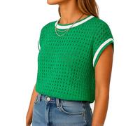 Women's Green Crochet Mesh Top Summer cap Sleeve Knit Sweater Round Neck See Through Pullover Beach Cover Up Casual Vacation Outfit for Ladies