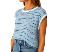 Women's Green Crochet Mesh Top Summer cap Sleeve Knit Sweater Round Neck See Through Pullover Beach Cover Up Casual Vacation Outfit for Ladies