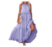 Womens Halter Neck Dress, Summer Loose Smocked Ruffle Swing Beach Dresses(Purple,S)