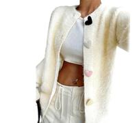 Womens Heart Fuzzy Knit Cardigan Sweater,Crewneck Fuzzy Heart Button Down Cardigan,Cute Solid Long Sleeve Knit Top Outerwear (IT, Testo, L, Regular, Regular, White)