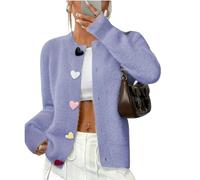 Womens Heart Fuzzy Knit Cardigan Sweater,Crewneck Fuzzy Heart Button Down Cardigan,Cute Solid Long Sleeve Knit Top Outerwear (IT, Testo, M, Regular, Regular, Purple)