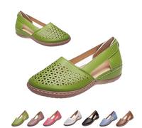 Womens Hollow Ballet Flats Casual Round Toe Low Heels Comfortable Vintage Leather Dress Shoes Walking Shoes Mary Janes 2025 (Green, 41)