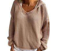 Women's Hollow Out Crochet Sweater for V-Neck & Drop Shoulder, Lightweight Loose Knit Hoodie for Autumn Layering (Khaki,m)