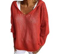 Women's Hollow Out Crochet Sweater for V-Neck & Drop Shoulder, Lightweight Loose Knit Hoodie for Autumn Layering (Red,s)