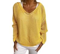 Women's Hollow Out Crochet Sweater for V-Neck & Drop Shoulder, Lightweight Loose Knit Hoodie for Autumn Layering (Yellow,l)
