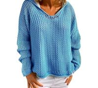 Women's Hollow Out Crochet Sweater for V-Neck & Drop Shoulder, Lightweight Loose Knit Hoodie for Autumn Layering (Blue,l)