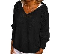 Women's Hollow Out Crochet Sweater for V-Neck & Drop Shoulder, Lightweight Loose Knit Hoodie for Autumn Layering (Black,l)