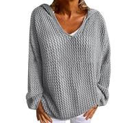 Women's Hollow Out Crochet Sweater for V-Neck & Drop Shoulder, Lightweight Loose Knit Hoodie for Autumn Layering (Gray,l)