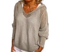 Women's Hollow out Crochet Sweater Long Sleeve See Through V Neck Drop Shoulder Knit Pullover Tops (Grey,S)