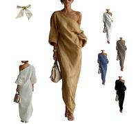 Women's Ivory White Cotton-Linen Blend One-Shoulder Flowing Maxi Dress,One-Shoulder Draped Lantern-Sleeve Dress with Pockets (IT, Testo, S, Regular, Regular, Yellow)