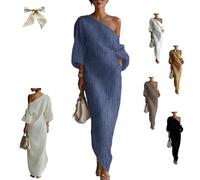 Women's Ivory White Cotton-Linen Blend One-Shoulder Flowing Maxi Dress,One-Shoulder Draped Lantern-Sleeve Dress with Pockets (IT, Testo, M, Regular, Regular, Blue)