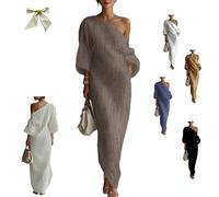 Women's Ivory White Cotton-Linen Blend One-Shoulder Flowing Maxi Dress,One-Shoulder Draped Lantern-Sleeve Dress with Pockets (IT, XS, Regular, Regular, Khaki)