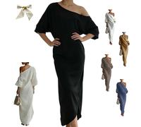 Women's Ivory White Cotton-Linen Blend One-Shoulder Flowing Maxi Dress,One-Shoulder Draped Lantern-Sleeve Dress with Pockets (IT, S, Regular, Regular, Black)