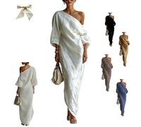 Women's Ivory White Cotton-Linen Blend One-Shoulder Flowing Maxi Dress,One-Shoulder Draped Lantern-Sleeve Dress with Pockets (IT, XXL, Regular, Regular, White)