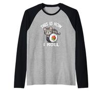 Womens Kawaii Kids How I Roll Sushi Gray Tabby Cat Lover Maglia con Maniche Raglan