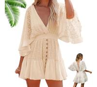 Women's Lace Crochet Romper Dress with Built-in Shorts, Casual V Neck Batwing Sleeve Ruffle Beach Sexy Backless Skirt (Apricot,XL)