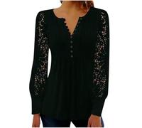 Womens Lace Sleeve Blouse Split V Neck Pleated Long Sleeve Top (Black,M)