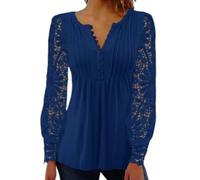 Womens Lace Sleeve Blouse Split V Neck Pleated Long Sleeve Top (Blue,3XL)