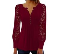 Womens Lace Sleeve Blouse Split V Neck Pleated Long Sleeve Top (Red,XL)