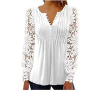 Womens Lace Sleeve Blouse Split V Neck Pleated Long Sleeve Top (White,3XL)